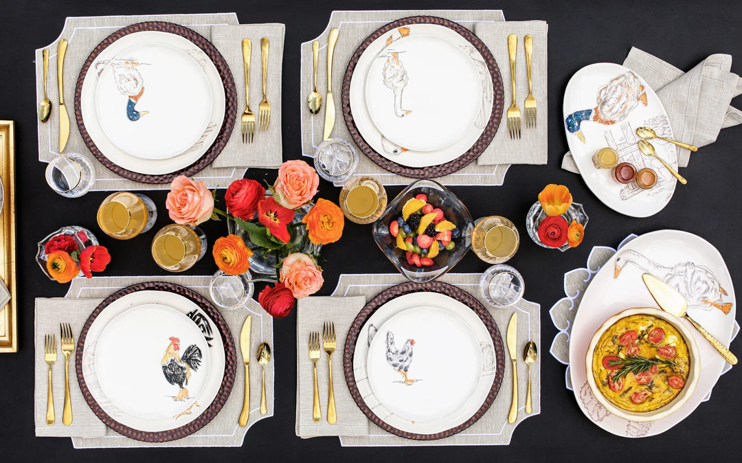 Fattoria Italian dinnerware with handpainted rooster, duck, goose, and hen designs.