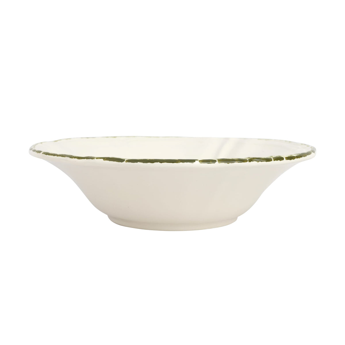 White ceramic serving bowl with a green rim on a white background