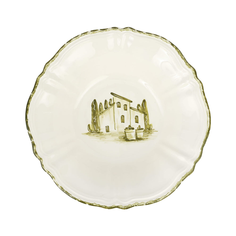Decorative serving bowl with a house illustration on a white background