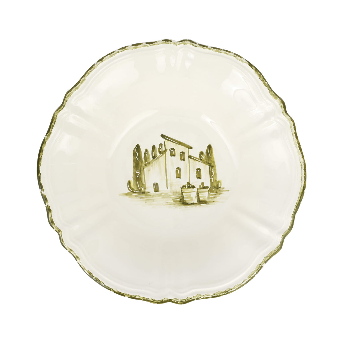 Decorative serving bowl with a house illustration on a white background