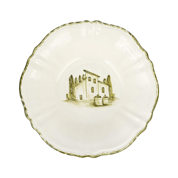 Decorative serving bowl with a house illustration on a white background