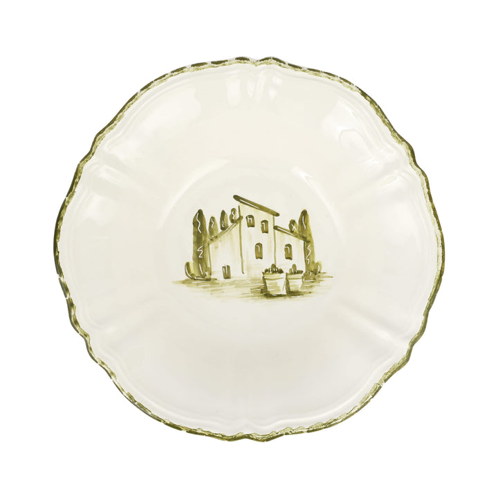 Decorative serving bowl with a house illustration on a white background