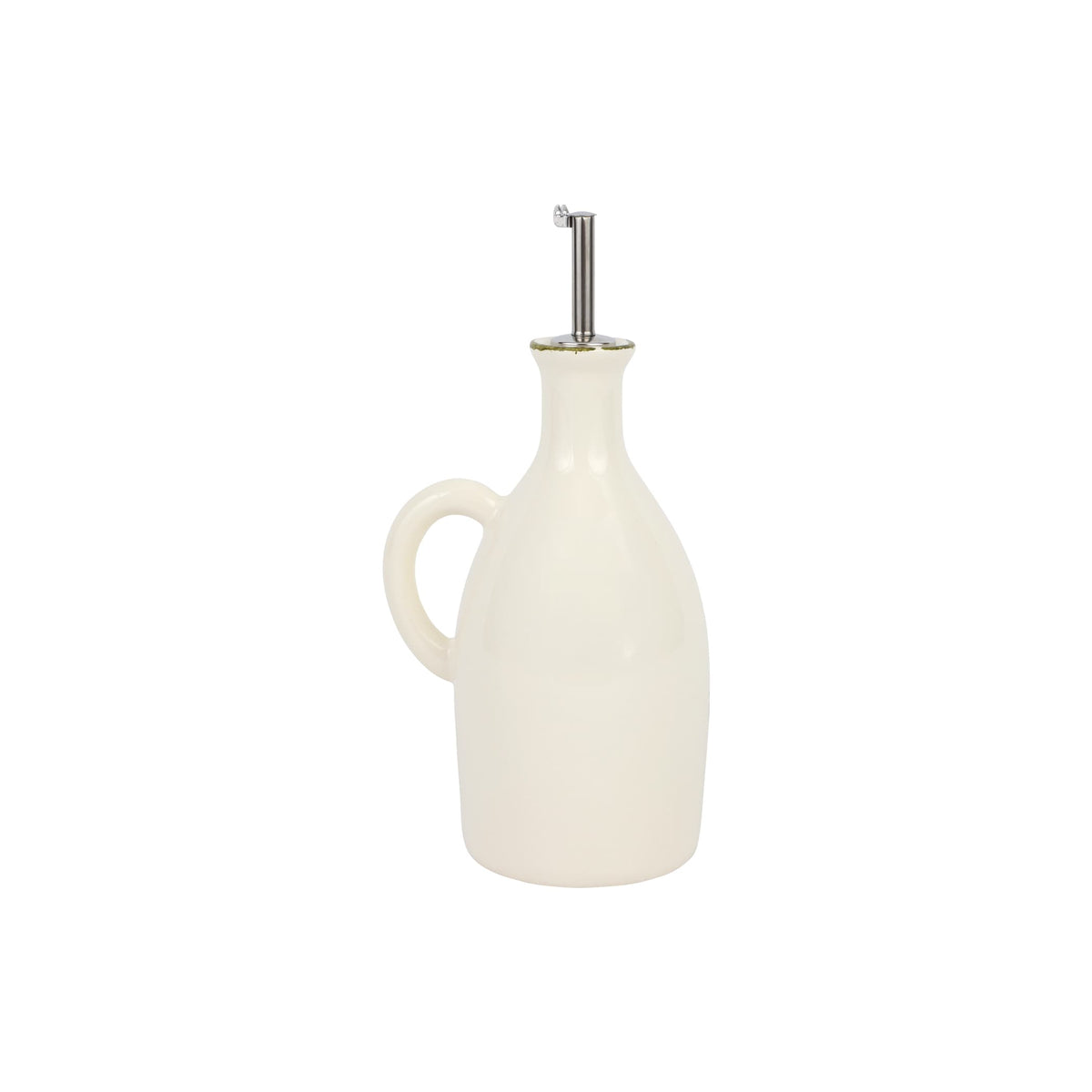 White ceramic olive oil dispenser with metal pump on a white background