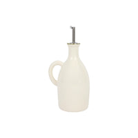 White ceramic olive oil dispenser with metal pump on a white background