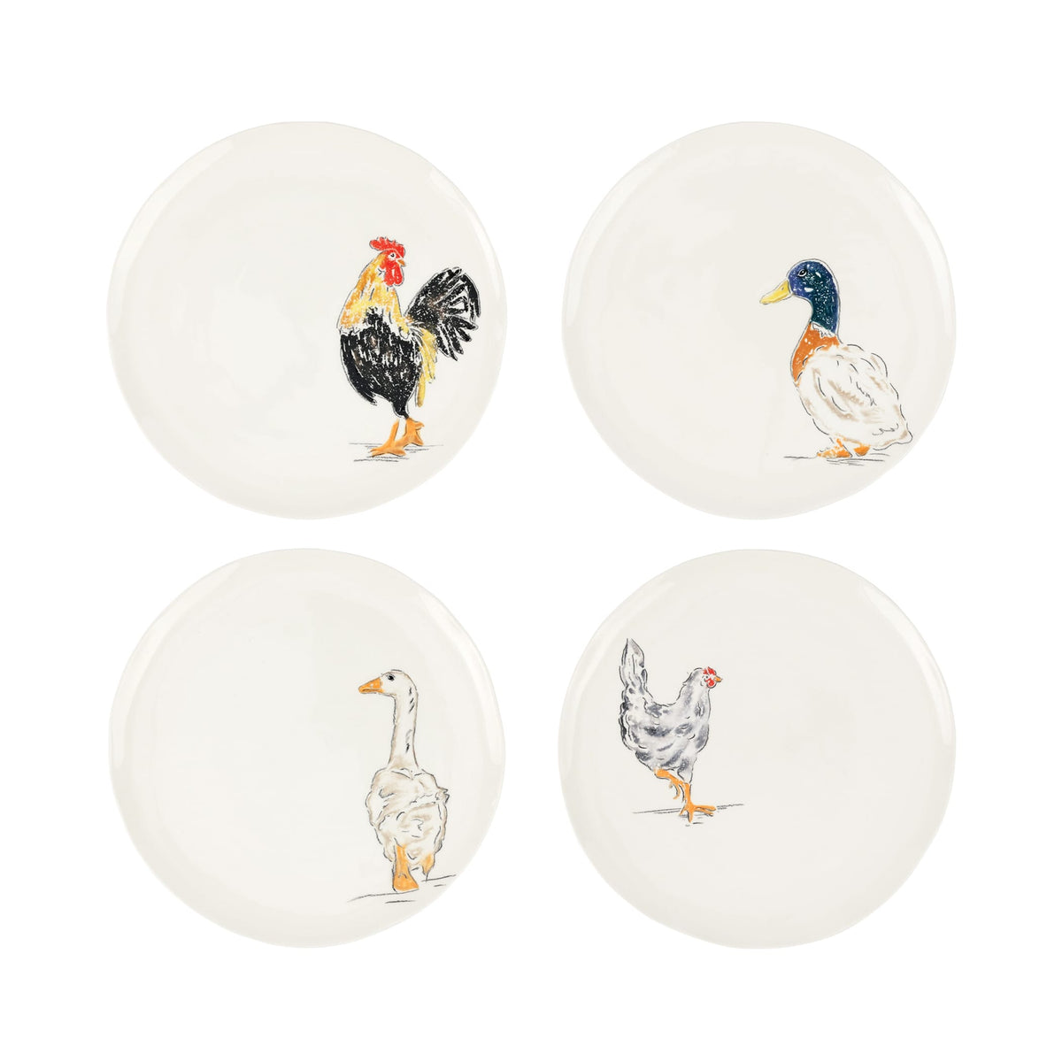 Set of four ceramic plates with animal illustrations on a white background