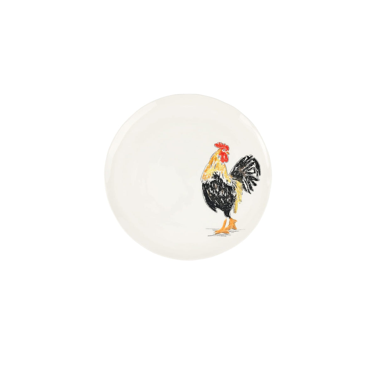 Round white plate with a rooster design on a white background