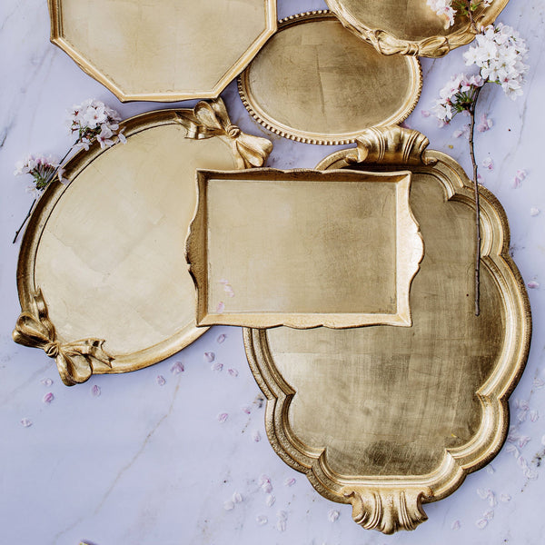 Florentine Wooden Accessories Gold Bow Handled Oval Tray