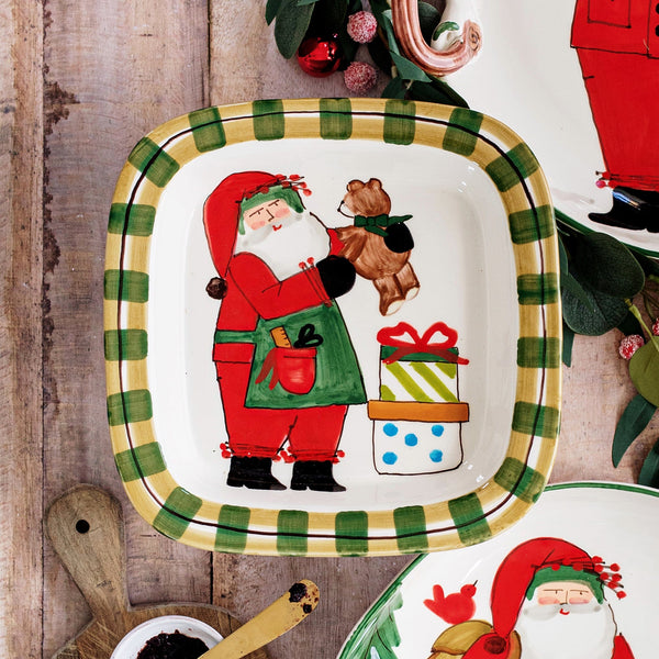 Old St. Nick Small Rimmed Square Platter with Teddy Bear