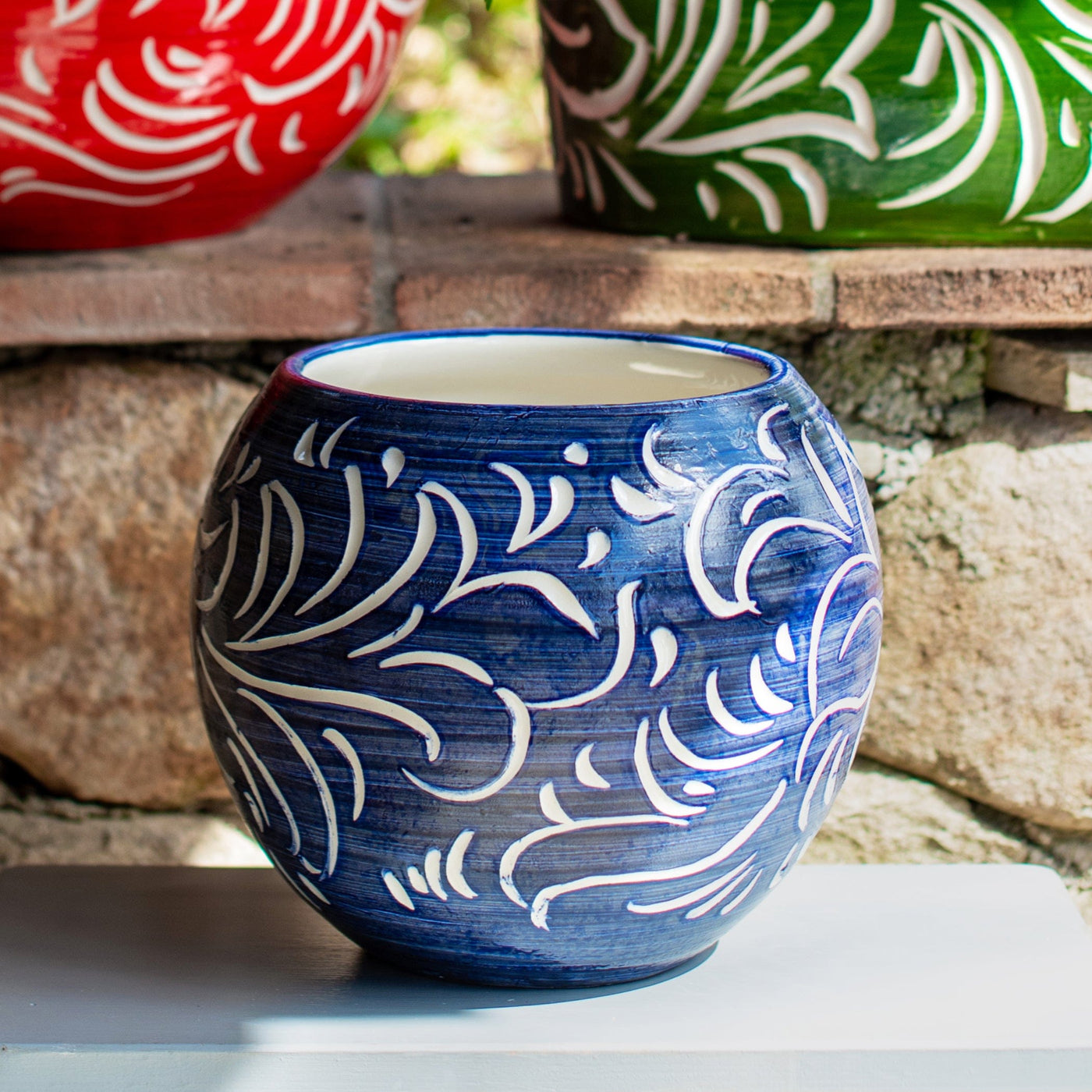 Rustic Garden Blue Scroll Small Round Cachepot