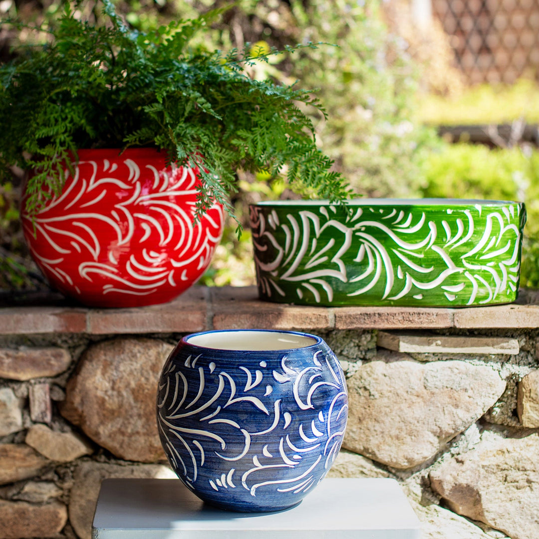 Rustic Garden Blue Scroll Small Round Cachepot