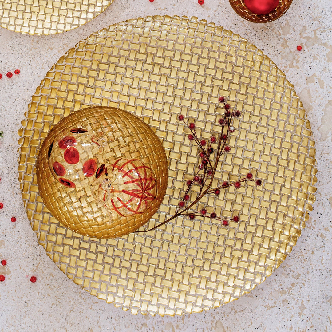 Rufolo Glass Gold Basketweave Large Round Platter