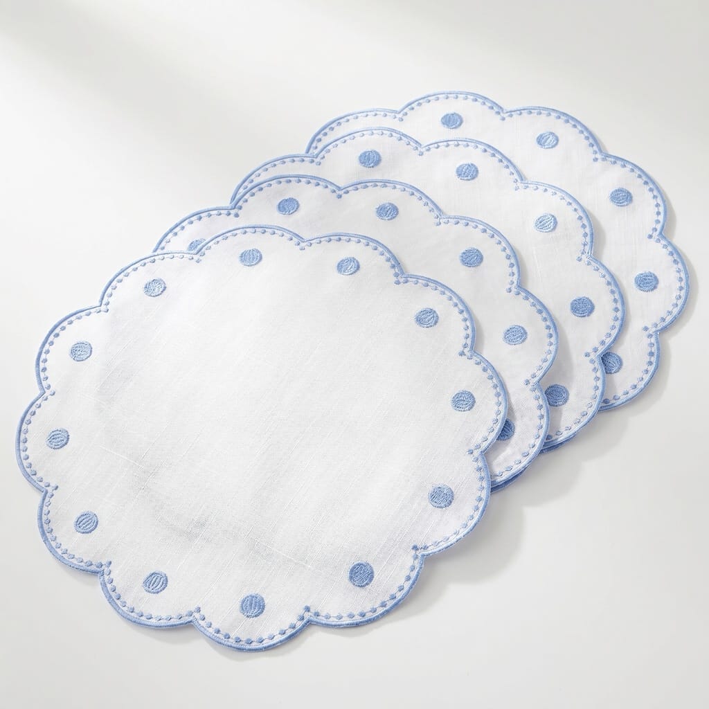 Tessuti White Round Placemats with Cornflower Blue Dots - Set of 4