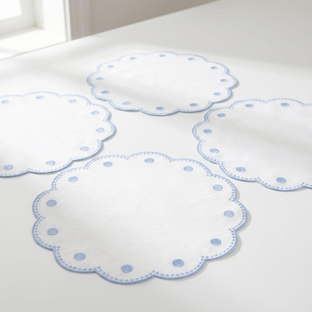Tessuti White Round Placemats with Cornflower Blue Dots - Set of 4