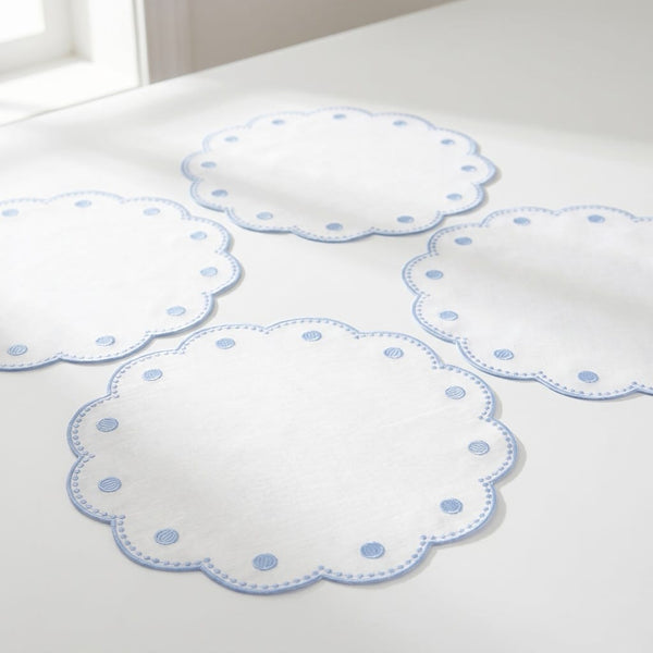 Tessuti White Round Placemats with Cornflower Blue Dots - Set of 4