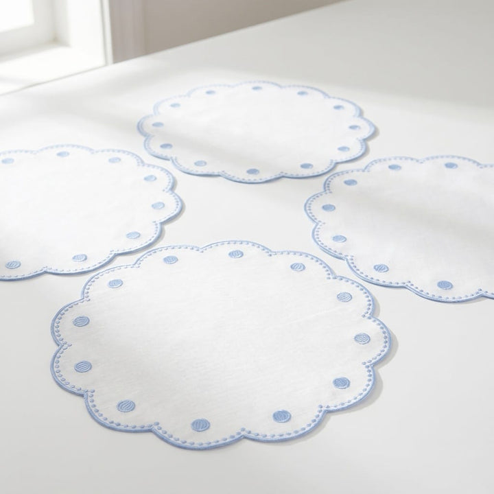 Tessuti White Round Placemats with Cornflower Blue Dots - Set of 4