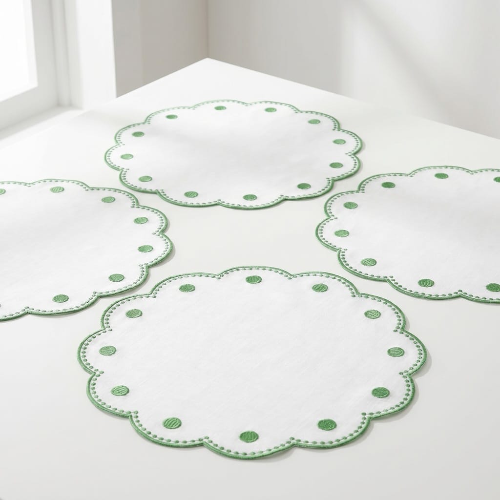 Tessuti White Round Placemats with Sage Green Dots - Set of 4