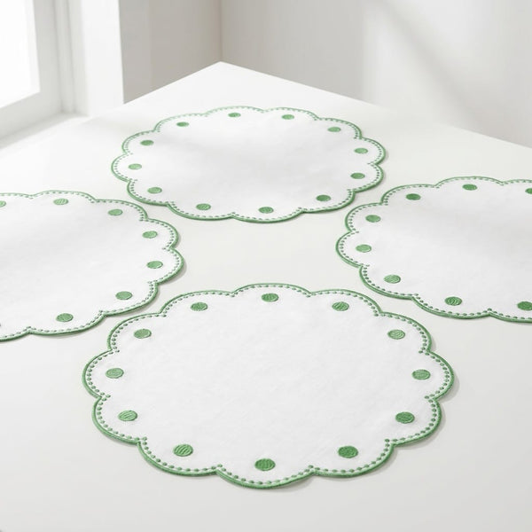 Tessuti White Round Placemats with Sage Green Dots - Set of 4
