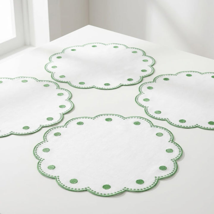 Tessuti White Round Placemats with Sage Green Dots - Set of 4