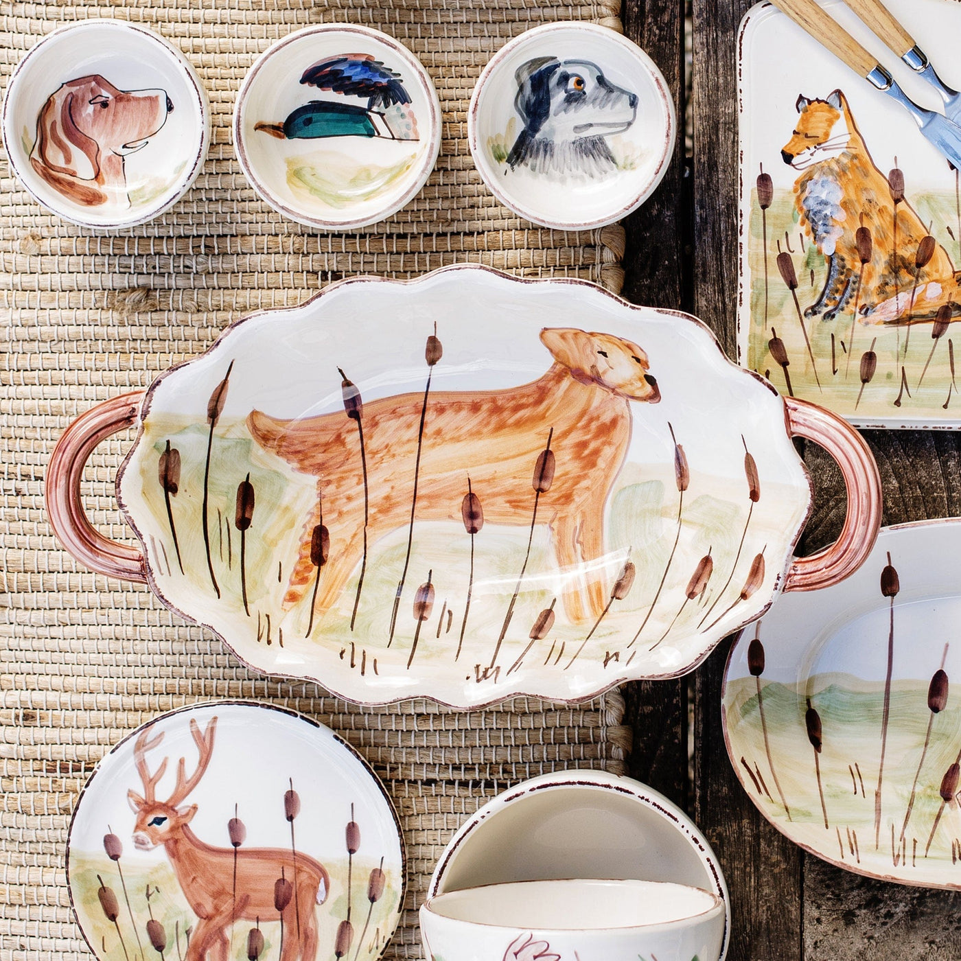 Wildlife Hunting Dog Handled Oval Bowl