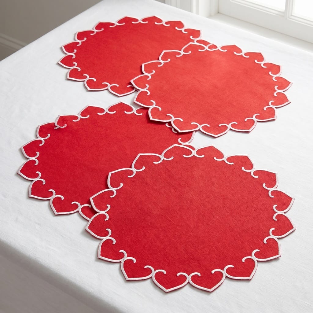 Tessuti Red Round Placemats with White Stitching - Set of 4