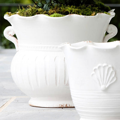 Rustic Garden White Small Scallop Planter with Emblem